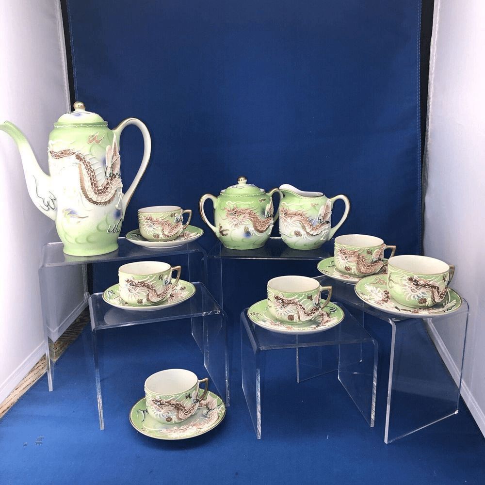 Vintage Fairyland China From Japan 3D Dragon Pastel Green Tea Set  15pc